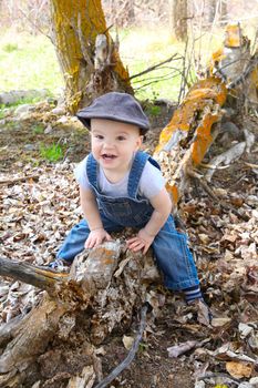 Little boy sitting outside in the field on a log