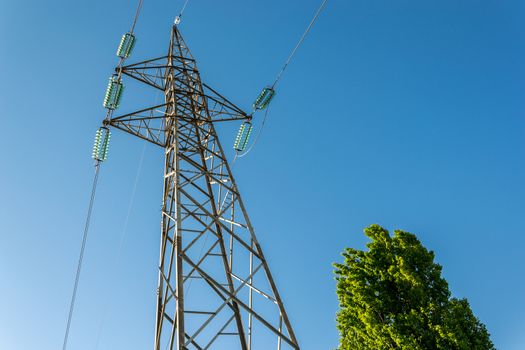 High-voltage electricity pylons, view from below