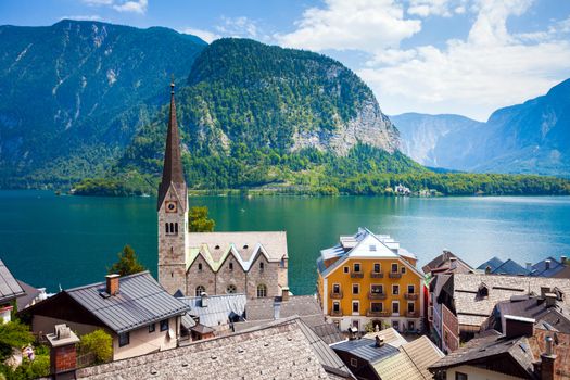 View of Hallstatt village with lake and Alps behind, Austria