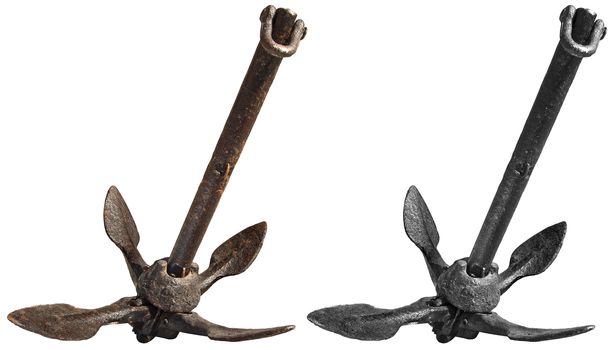 Old small rusty anchor for a small boat isolated on white background (folding grapnel anchor)