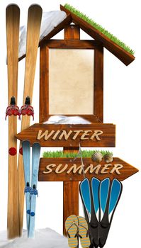 Wooden directional signage - concept of end of winter and start of summer

