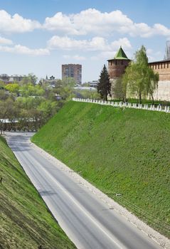 Powerful tower rising at the corner of the mountainous area of the Kremlin, over a ravine. Nizhny Novgorod. Russia