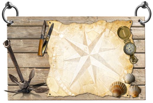 Wooden signboard with compass rose on a parchment, seashells, compass, folding knives, and old rusty anchor, concept of adventure travel