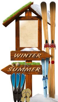 Wooden directional signage - concept of end of summer and start of winter

