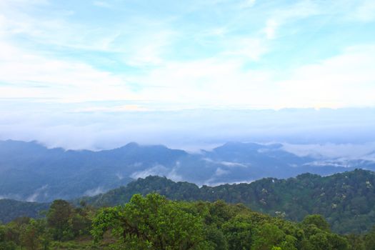 Sea of fog with forests as foreground. This place is in the Kaeng Krachan national park, Thailand