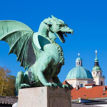 Famous Dragon bridge (Zmajski most), symbol of Ljubljana, capital of Slovenia, Europe.