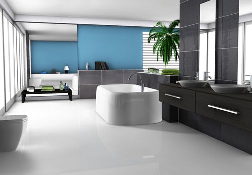 Modern home interior of a luxury bathroom with contemporary furniture and design, white floor and bathtub. No brandnames objects.