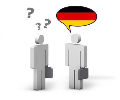 Business German concept with a funny conversation between two 3d people on white background. The man with the Germany flag on the speech cloud speaks a correct language, the other one no.