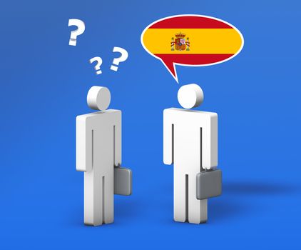 Business Spanish language concept with a funny conversation between two 3d people on blue background. The man with the flag of Spain on the speech cloud speaks a correct language, the other one no.