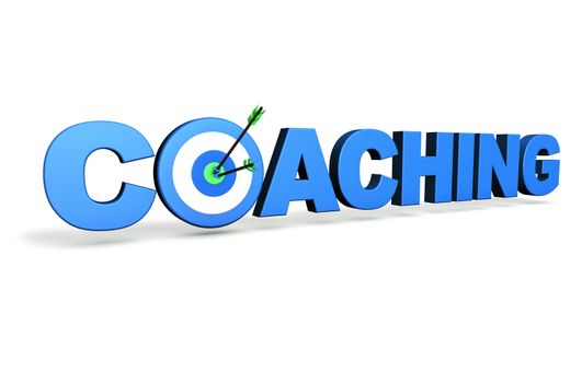 Hit the mark and business goals concept with blue coaching sign, target and arrows on white background.