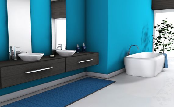 Home interior of a modern bathroom with contemporary furniture and design, white floor and bathtub. No brandnames objects.