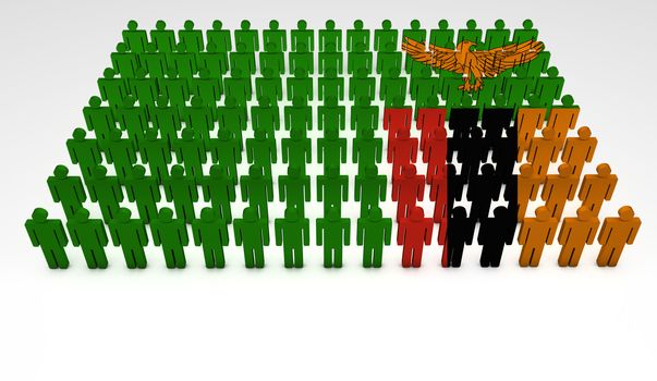 Parade of 3d people forming a top view of Zambia flag. With copyspace.