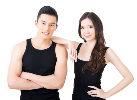 Young Asian sport couple, closeup portrait on white background.