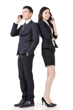 Asian business man and woman take a call, full length portrait isolated on white background.