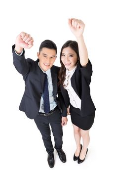 Cheerful business man and woman, full length portrait.