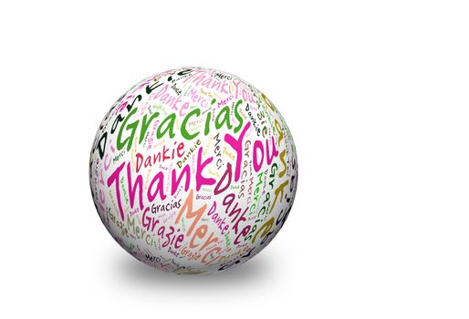 Conceptual thank you word cloud written on 3d sphere. Terms in different languages such as merci, mahalo, danke, gracias, kitos, grazie and more.