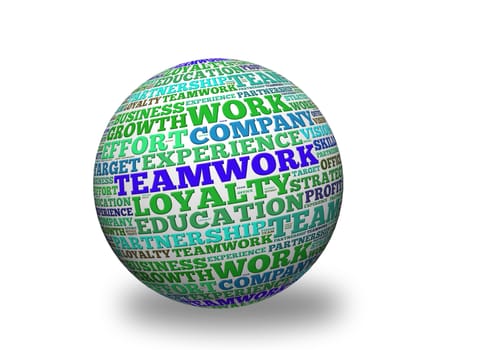 Teamwork, in a word cloud designed in a 3D sphere with shadow