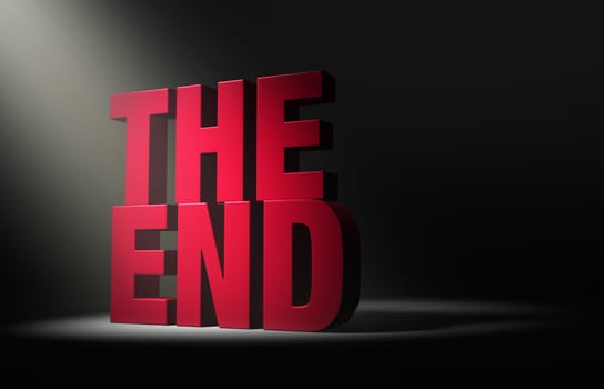 An angled spotlight reveals a bold, red "THE END" on a dark background.