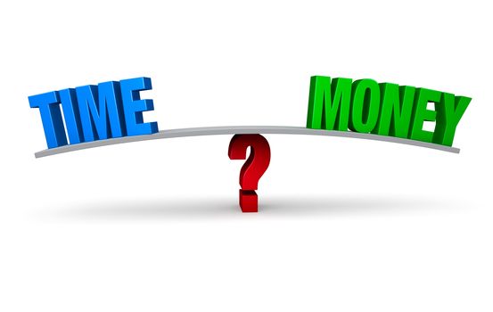 A bright, blue "TIME" and a green "MONEY" sit on opposite ends of a gray board which is balanced on a red question mark. Isolated on white.