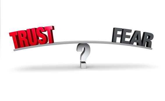 A red "TRUST" and a gray "FEAR" sit on opposite ends of a gray board which is balanced on a white question mark. Isolated on white.