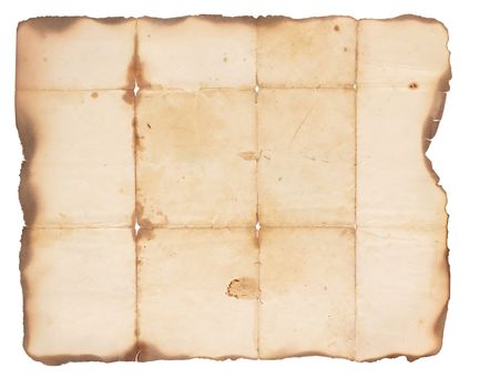 Very old, creased paper with fire damaged and burned edges. Blank with room for text or images. Isolated on white.