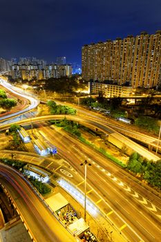 Hongkong traffic night,aerial view of the city overpass