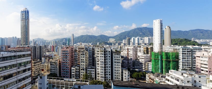 Hong Kong aerial view panorama with urban skyscrapers at day