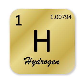 Black hydrogen element into golden square shape isolated in white background