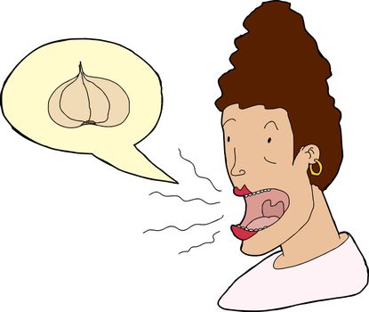 Cartoon of adult woman talking with garlic breath