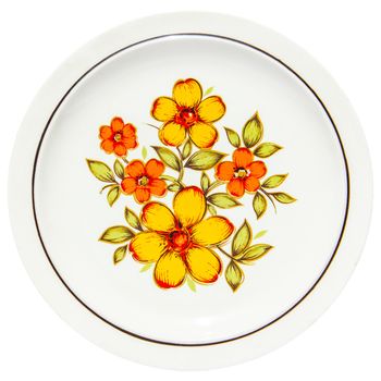 Painting yellow flowers on dish on white background