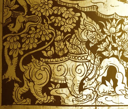 detail of thai pattern that made by covered wood plate with gold leaf for decorated temple door or pillar,shallow focus
