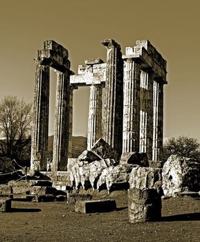 Black and white Pillars of the temple of Zeus in the ancient Nemea, Greece