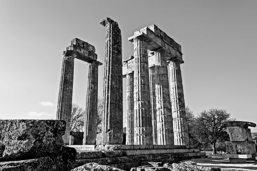 Black and white photo of Zeus temple in the ancient Nemea, Greece