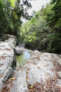 beautiful waterfall flows between stones photographed closeup