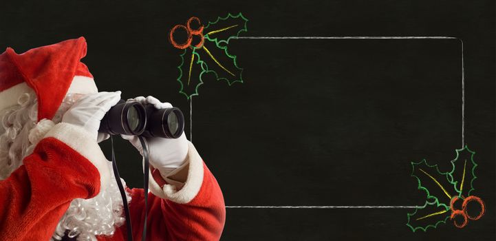 Father Christmas looking at the future sales strategy notes with binoculars on backboard background