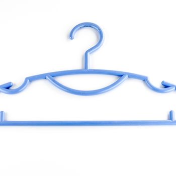 blue plastic clothes hanger on a white background