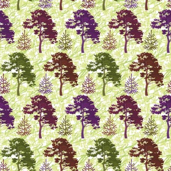 Seamless background, green summer forest with colorful pine and fir trees and abstract pattern.