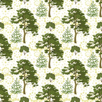 Seamless background, green summer forest with pine and fir trees, bushes and abstract floral pattern.