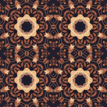 Abstract artistic background, seamless handmade floral ornament, intarsia from the back side of a birch bark on black fabric