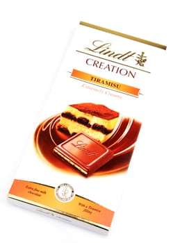 AYTOS, BULGARIA - MAY 10, 2014: Lindt Swiss milk chocolate. Lindt is recognized as a leader in the market for premium quality chocolate.