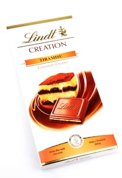AYTOS, BULGARIA - MAY 10, 2014: Lindt Swiss milk chocolate. Lindt is recognized as a leader in the market for premium quality chocolate.