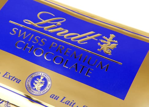 AYTOS, BULGARIA - MAY 10, 2014: Lindt Swiss milk chocolate. Lindt is recognized as a leader in the market for premium quality chocolate.