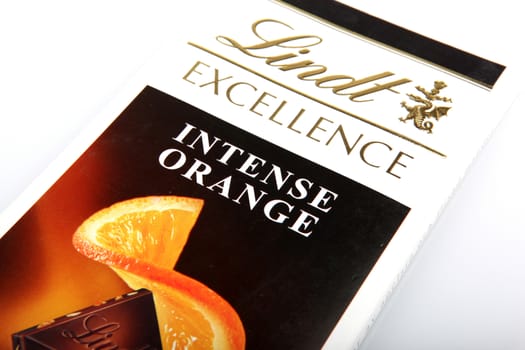 AYTOS, BULGARIA - MAY 10, 2014: Lindt Swiss milk chocolate. Lindt is recognized as a leader in the market for premium quality chocolate.