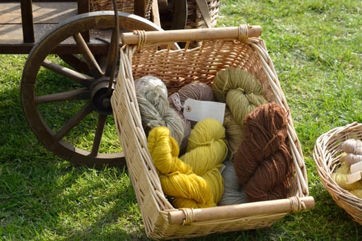 Natural dyed wool in wicker basket