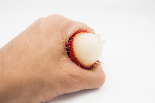 Rambutan fruit with red shell in hand on white background