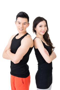 Young Asian sport couple, closeup portrait on white background.