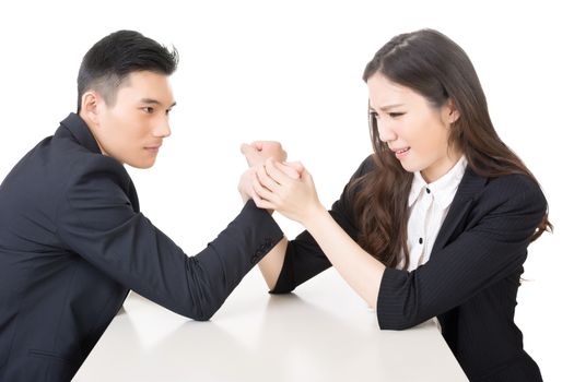 Arm wrestling challenge between a young business man and woman, closeup portrait on white background.