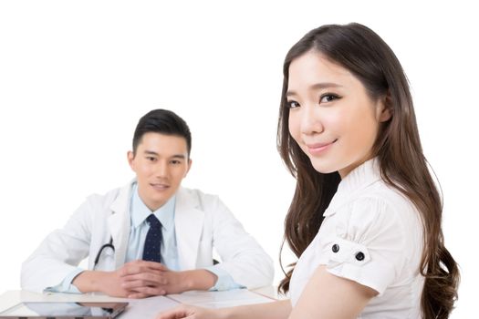Young Asian woman look for a doctor and watch you.