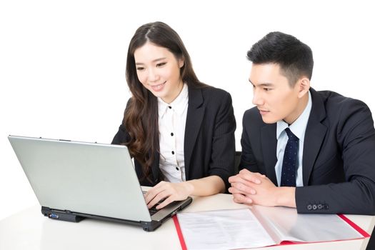 Confident young businessman and businesswoman discussion their work, closeup portrait on white background.