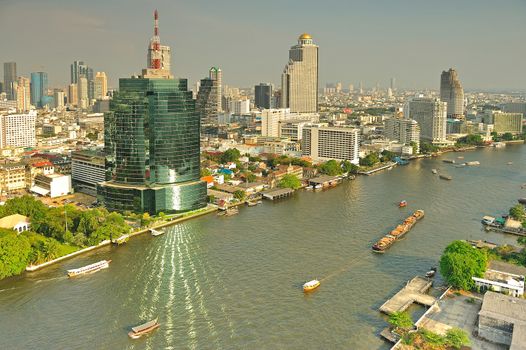 Aerial view of Bangkok with Chao Phraya river, Thailand.